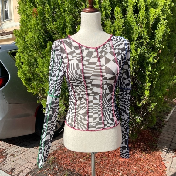 OMighty Mesh Long Sleeve Psychedelic Print Top Size Small - Picture 3 of 10